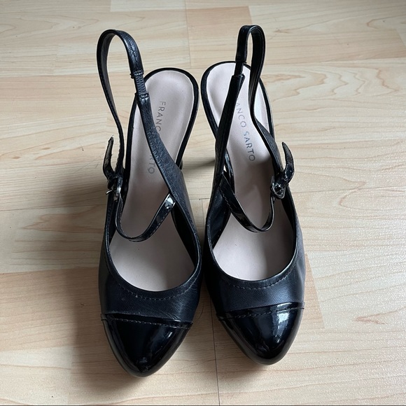 Franco Sarto Black Strappy Heels Round Toes Patent Leather Size 7 A - Picture 1 of 12